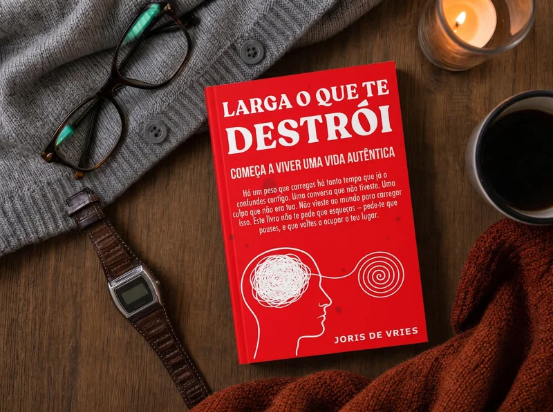 Larga o que te destrói pousado na secretária, com um café, uns óculos e uma vela acesa