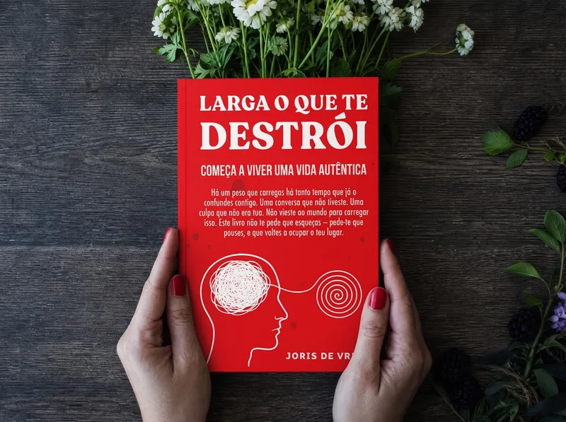 Larga o que te destrói sobre uma mesa de madeira, com flores e amoras